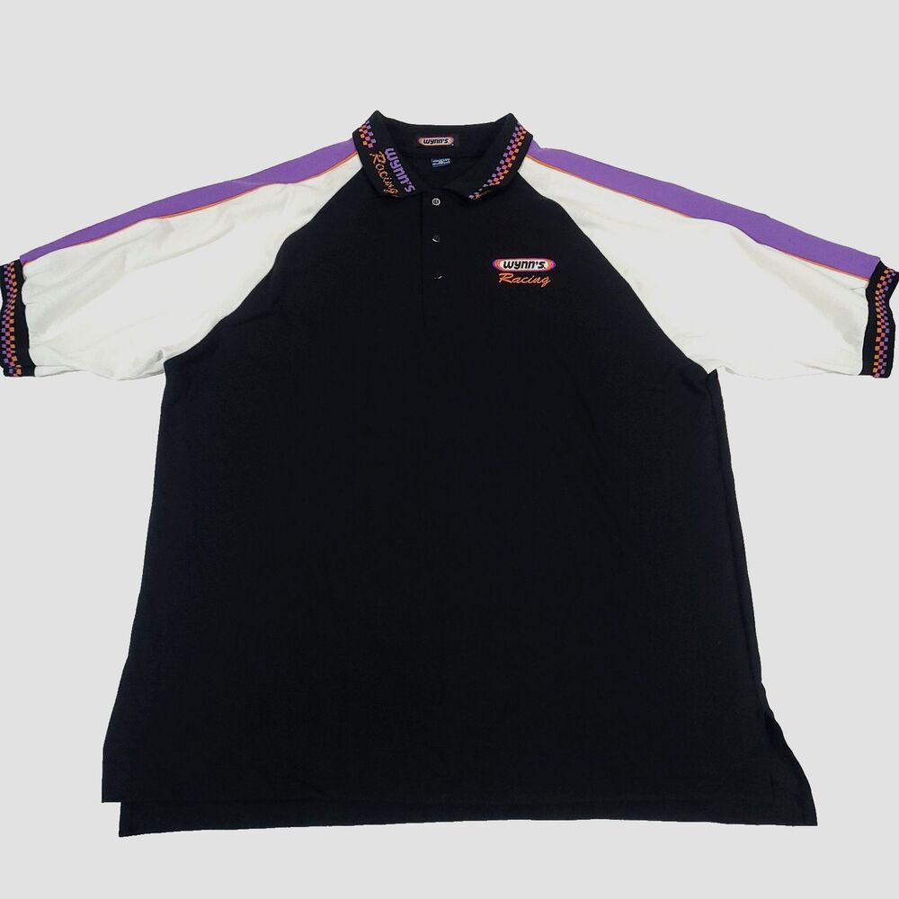 Vtg Wynns Racing Polo Shirt XL Black purple Pull Over USA cotton neon golf sport